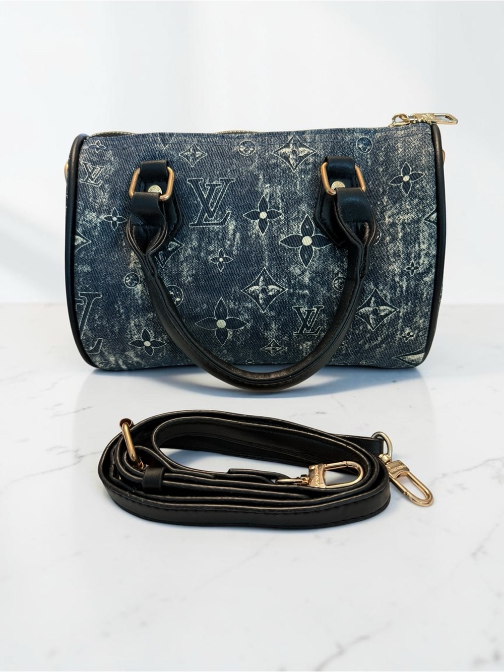 Source Unknown Distressed Denim Monogram Mini Barrel Bag with Black Trim